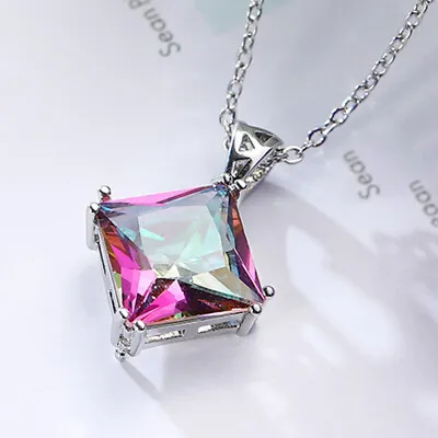 Square Shape Rainbow Mystic Fire Topaz Gems Silver Woman Necklace Pendants 1  • $7.79