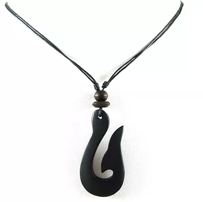 Natural Sono Wood Maori Whale Tail Fish Hook Pendant Surfer Cord Necklace  CA119 • $17.99