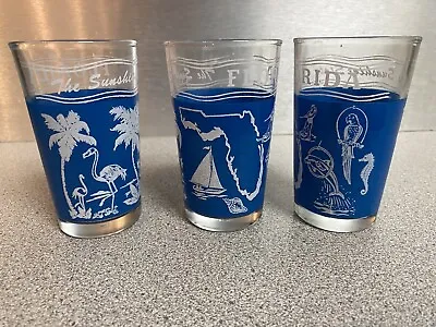 Vintage Lot 3 FLORIDA THE SUNSHINE STATE 3 7/8  Juice Glasses Palms Flamingo Map • $24.95