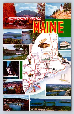 Vintage Postcard Greetings From Maine Mt Katahdin Moosehead Lake Salmon Fishing  • $4