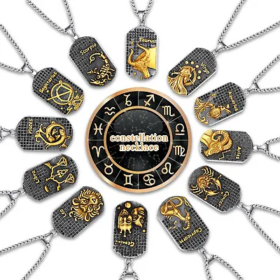 Mens Lucky 12 Constellations Stainless Steel Zodiac Dog Tag Pendant Necklace 24  • $15.19