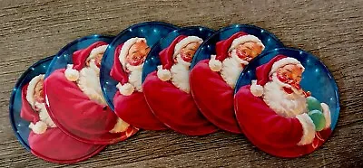 Vintage Christmas Santa Claus Coasters Tin Metal Cork Back 6 With Container EC • $10.99