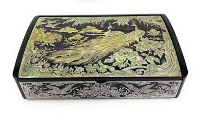 Peacock Mother Of Pearl Abalone Inlay Black Lacquer Korean Jewelry Trinket Box • $105.41