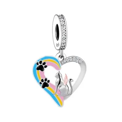 Cat Pawprints Rainbow Memorial Heart Charm Gift 💜 Genuine 925 Sterling Silver • £16.89