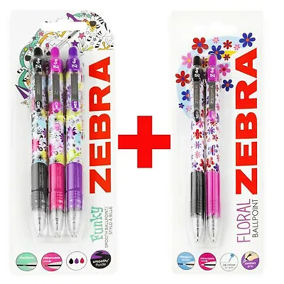 £3.99 • Buy Zebra Z-Grip Funky Floral Ballpoint Pens - 2x Black, 2x Pink, 1x Violet - 5 Pack
