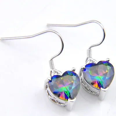 Mother's Day Sale Heart Rainbow Mystic Fire Topaz Gems Silver Hook Earrings • $6.51