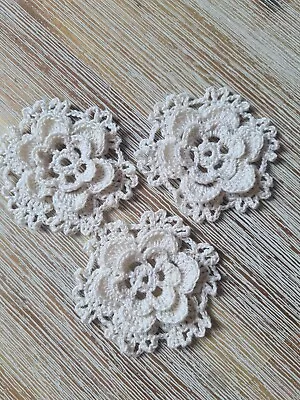 3 Handmade 3d Crochet Flowers Applique Embellishments. 100% Cotton In Cream • £5.99