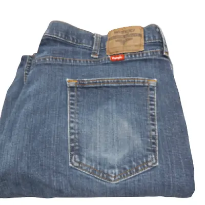 Mens Jeans Wrangler 42x32 TRASHED Blue Jeans Denim--SEE PHOTOS • $17.99