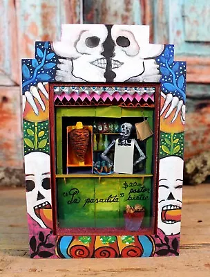 Day Of The Dead Kissing Skulls And Tacos Wood Retablo Handmade Mexican Folk Art • $55