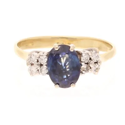 18Ct Yellow Gold Sapphire Solitaire W/ Diamond Accents Ring (Size J 1/2) 5x7mm • £299