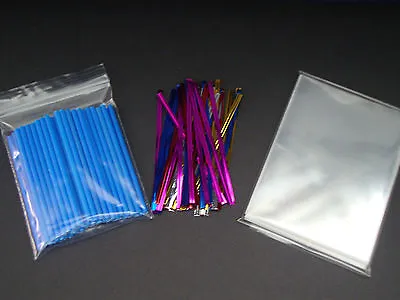 50 X 3.5  BLUE CAKE POP KIT PLASTIC STICKS CELLO BAGS & METALLIC TWIST TIES • £4.25