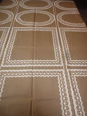 Vtg Fabric 1970's Brown W/Textured White Floral Trim For 12 Doilies 58 W X74 L • $12.99