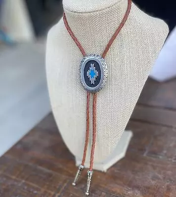 Chevron Turquoise Bolo Tie - Silver Oval Engraved Inlay Western Mens Cord Woven • $32