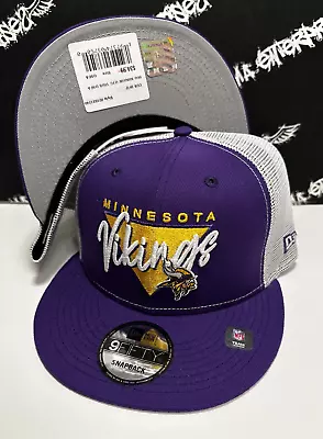 NWT New Era Minnesota Vikings Retro Script Logo Purple Mesh Trucker Snapback Hat • $27.95