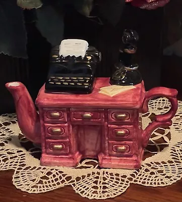 Vintage Miniature Porcelain Teapot; Pink Antique Desk Design W/Typewriter/Phone • $22