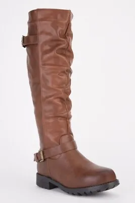 £15.99 • Buy Brown Ladies Uk Size 4.5 Buckle And Strap Chunky Low Heel Knee High Riging Boots