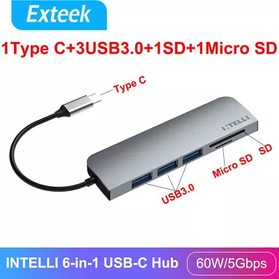 INTELLI 6-in-1 USB-C Hub With Micro-SD/TF Card Reader PD Charging USB3.0 Port • $17.95