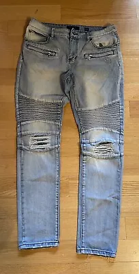 Decibel Jeans Mens 34/34 Light Blue Distressed Bleached Moto Rocker Punk Zippers • $25
