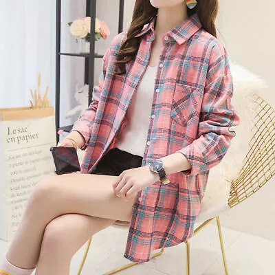 Ladies Long Sleeve Check Plaid Shirt Button Casual Loose Blouse Boyfriend Tops • £12.29