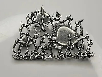 Vintage Brooch Pin Deep Sea Fish Seaweed Pin Signed  JJ Pewter Tone STATEMENT  • $17.49