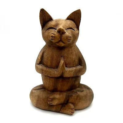 Carved Wood Yoga Cat Namaste Meditation 5” Tall Lotus Figure Sculpture • $38.52