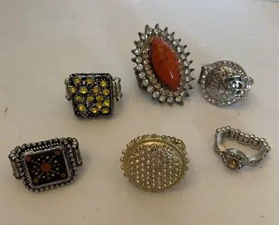 Lot Of 6 Stretch Rings Silvertone Goldtone Crystals Coral Vintage • $10