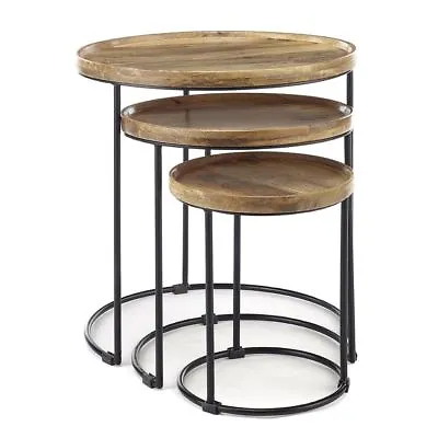 Round Solid Wood Nest Of 3 Tables Side End Lamp Table • £139