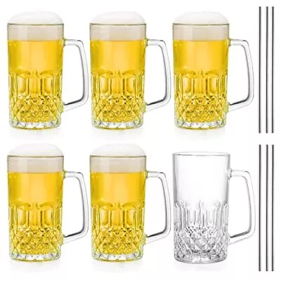 16Oz Glass Beer Mug Set 6 Pack Large Beer Glasses Steins With Handle And Straws • $36.85