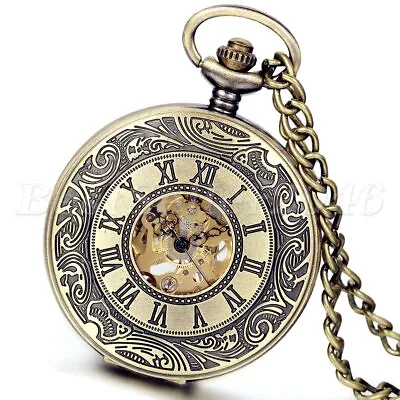 Steampunk Bronze Skeleton Mechanical Automatic Pocket Watch Vintage Mens Womens • $18.04