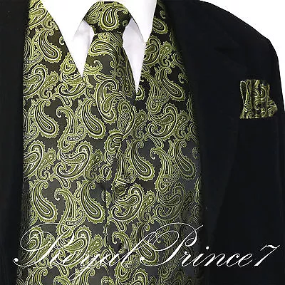 Olive Green XS To 6XL Paisley Tuxedo Suit Dress Vest Waistcoat & Neck Tie Hanky  • $25.34
