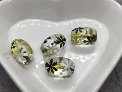 £1.65 • Buy 4 Oval Handmade & Hand Painted Beads, 18mm X 10mm Approx, Gold And Black Flower