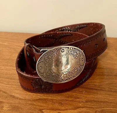B-Low The Belt Women’s Brown Leather Stitched Tooled Boho Western Belt Size 34 • $45
