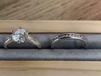 Set Of Duet Rings Sterling Silver Solitaire & Band Diamonique QVC Size S -S 1/2 • £25
