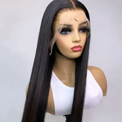 Full Lace Front Wigs Free Part Heat Resistant Synthetic Hair Long Straight Black • £27.99