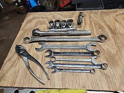 Vintage Husky 1/2  Drive Ratchet + Sockets + Wrenches + Pliers USA 14PC Lot 1363 • $18.40