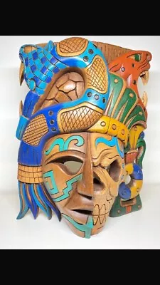 Hand Carved Wood Mayan Mask Warrior Pyramid Artwork Chichén Itza Jaguar Snake  • $150