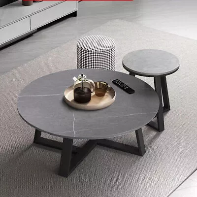 Round Modern Nesting Coffee Set Of 2 Accent Tables With Marble Top Metal Frame • $109.93