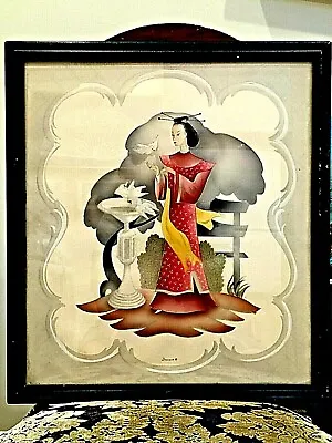 Vintage Signed Bernard Original Watercolor Airbrush Painting Lady With Doves  • $115