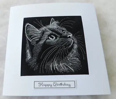 Complete Handmade Machine Embroidered Birthday Card Beautiful Kitten Sketch • £4