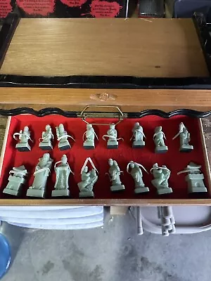 Vintage Folding Oriental Carved Wooden Chess Board Set Soapstone Pieces Rare! • $225