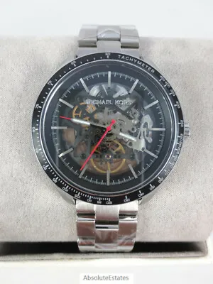 NEW Michael Kors Merrick Silver Black Mens Automatic Skeleton Watch MK9037 NIB • $194.99