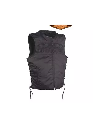 Mens Black Textile Motorcycle Vest With Reflective Skulls Across Chest & Back • $95.44