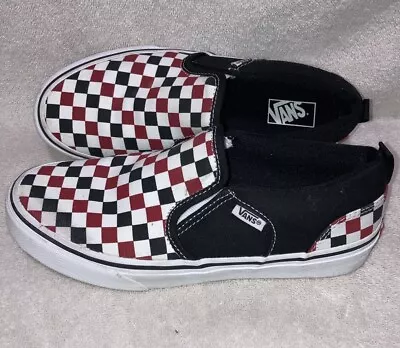 Vans Asher Black Maroon White Checkerboard Youth Slip On Sneakers Size 5 • $28.90