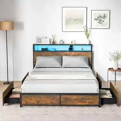 Queen Metal Bed Frame W/ Smart RGB LED Lights & Charging Station Rustic Brown • $379.95