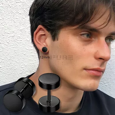 Black Plated Fake Ear Stretcher Plug 12MM Dumbbell Stud Earrings Pierced Jewelry • £3.99