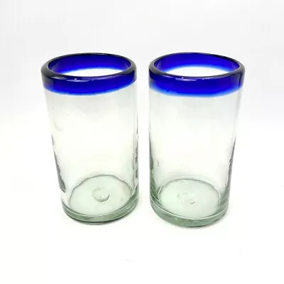 Set Of 2 Handblown Mexican Bubble Glasses With Cobalt Blue Rim 5.5” • $21