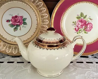 Vintage Alfred Meakin England Burgundy & Gold Chintz Pattern Tea Pot C1930's • $80