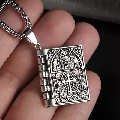 $11.99 • Buy Vintage Silver Cross Bible Book Pendant Necklace Unique Jewelry For Men Women