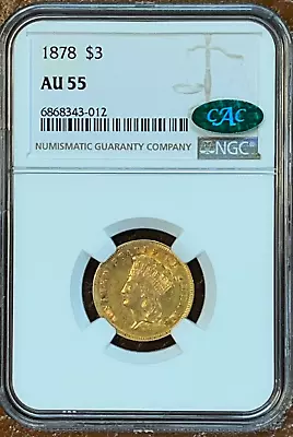 1878 $3 Gold Indian Princess NGC & CAC AU55 - Green Sticker • $1985