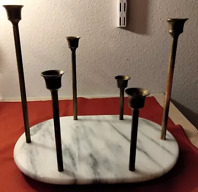 Vintage Brass 6 Taper Candle Holder Oval Marble Slate Base Different 10 1/2  X7  • $39.95